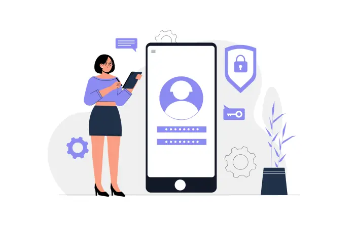 Vector Art of Female Developer with Smartphone Data Security Flat Character Illustration